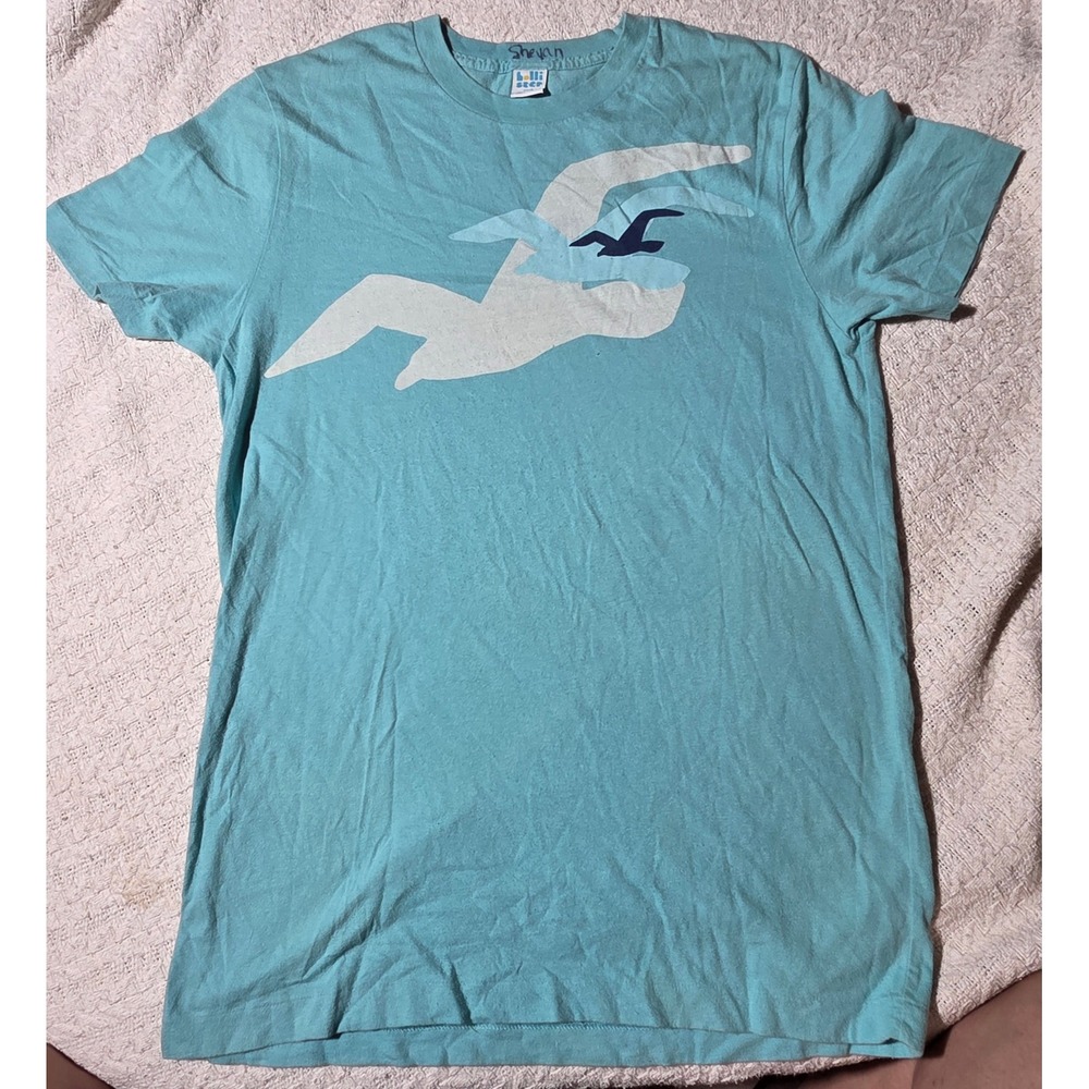 Hollister Graphic T-Shirt Mens Small Blue Good Seagull‎ Logo Surf Beach Casual